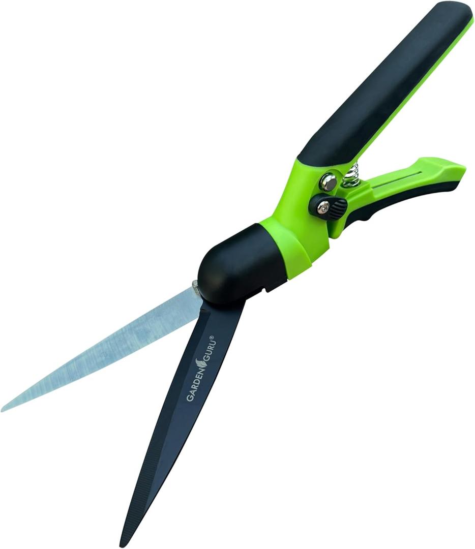 Garden Guru Hand Grass Clipper Scissors Rotating Cutter Head with Safety Lock Rust Proof High Carbon Steel Blades Soft Comfort Grip Handles Perfect for Lawn Edging, Shrubs, Flowers, Gardening
