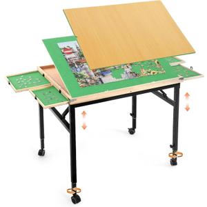 Puzzle Table Adjustable Height & Tilt with Drawers for 1500Pcs | Lockable Wheels,4 Sorting Drawers, Foldable, Wooden Covers,No assembly,Fits 1000-1500 Pieces,Gift for Puzzle Lovers
