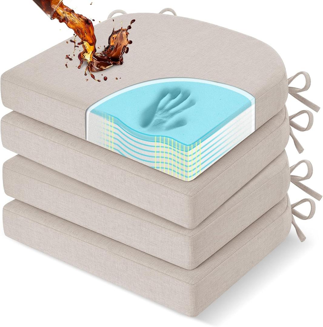 Downluxe Chair Cushions for Dining Chairs, Memory Foam Linen Kitchen Chair Pads with Ties, Waterproof, Stain-Resistant and Washable Cover, 17" x 16" x 2.5", Beige, 4 Pack
