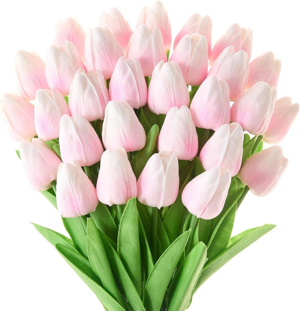 30 Pcs Tulips Artificial Flowers Fake Pink Flowers Latex Tulips Real Touch 13" Silk Flower for Spring Mother's Day Easter Gifts in Bulk Home Kitchen Wedding Decorations