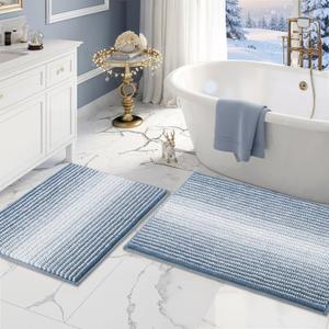 BSICPRO Bathroom Rugs and Mats Sets, 2 Piece Thick Absorbent Chenille Bath Mat Rug Set Non Slip, Soft Shaggy Bath Room Floor Mats for Bathroom, Machine Washable (Fog Blue, 20" x 32" Plus 16" x 24")