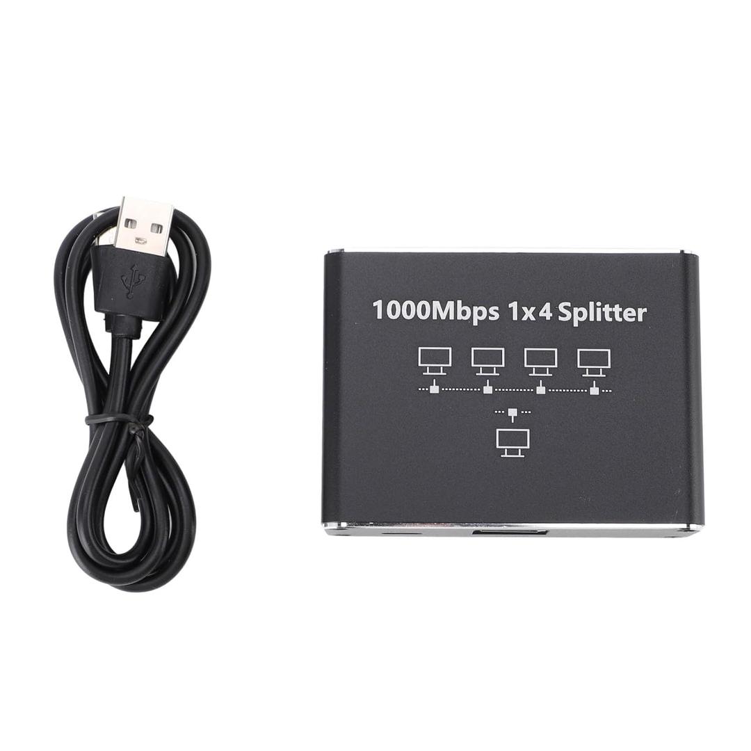 RJ45 Ethernet Splitter with USB Cable, 1000Mbps Speed Gigabit Splitter for Computers, TVs, and Game Consoles, Plug and Play, Aluminum Alloy Material, Up to 100m Distance (1 to 4)