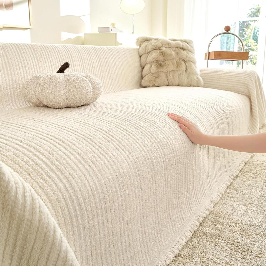 Couch Covers for Dogs, Sofa Covers for 3 Cushion Couch, Plush Couch Blanket Cover Sectional Washable, Sofa Slipcover Protector, Slip Covers for Sofas High Weight Warm, Striped Cream, 71" 118"