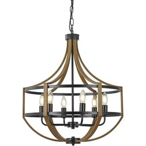 22" Large Farmhouse Chandelier for Dining Room, Retro Wood Texture & Black Finish, 6-Light Adjustable Height Rustic Pendant Light Fixture for Kitchen Island Entryway Foyer Stairwell Office