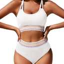 Zuvebamyo Women's High Waisted Ribbed Bikini Set Two Piece Crop Top High Cut Swimsuit Criss Cross Back Bathing Suit (S, White)