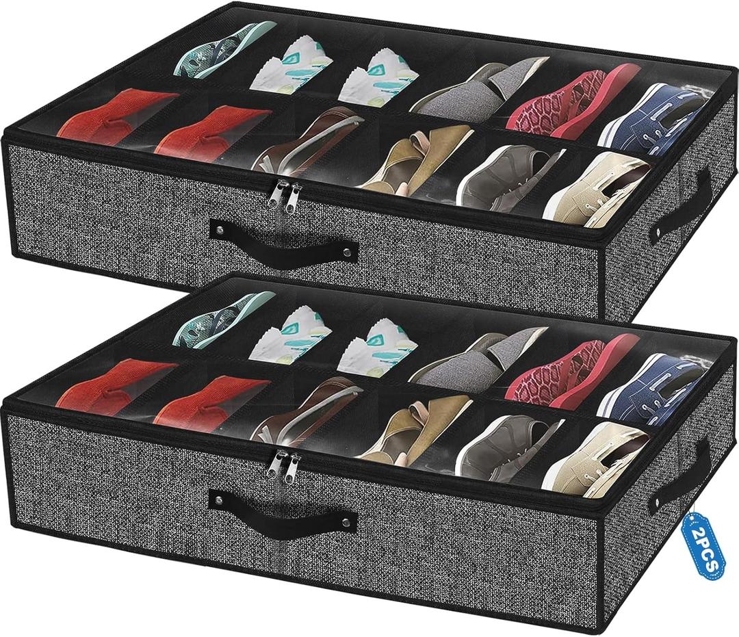 Under Bed Shoe Storage Organizer for Closet Fits 24 Pairs-Sturdy Underbed Shoe Storage Box Bins,Set of 2 (Linen-like Black)