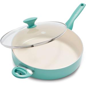 GreenPan Rio Healthy Ceramic Nonstick 5QT Saute Pan Jumbo Cooker with Helper Handle and Lid, PFAS-Free, Dishwasher Safe, Turquoise