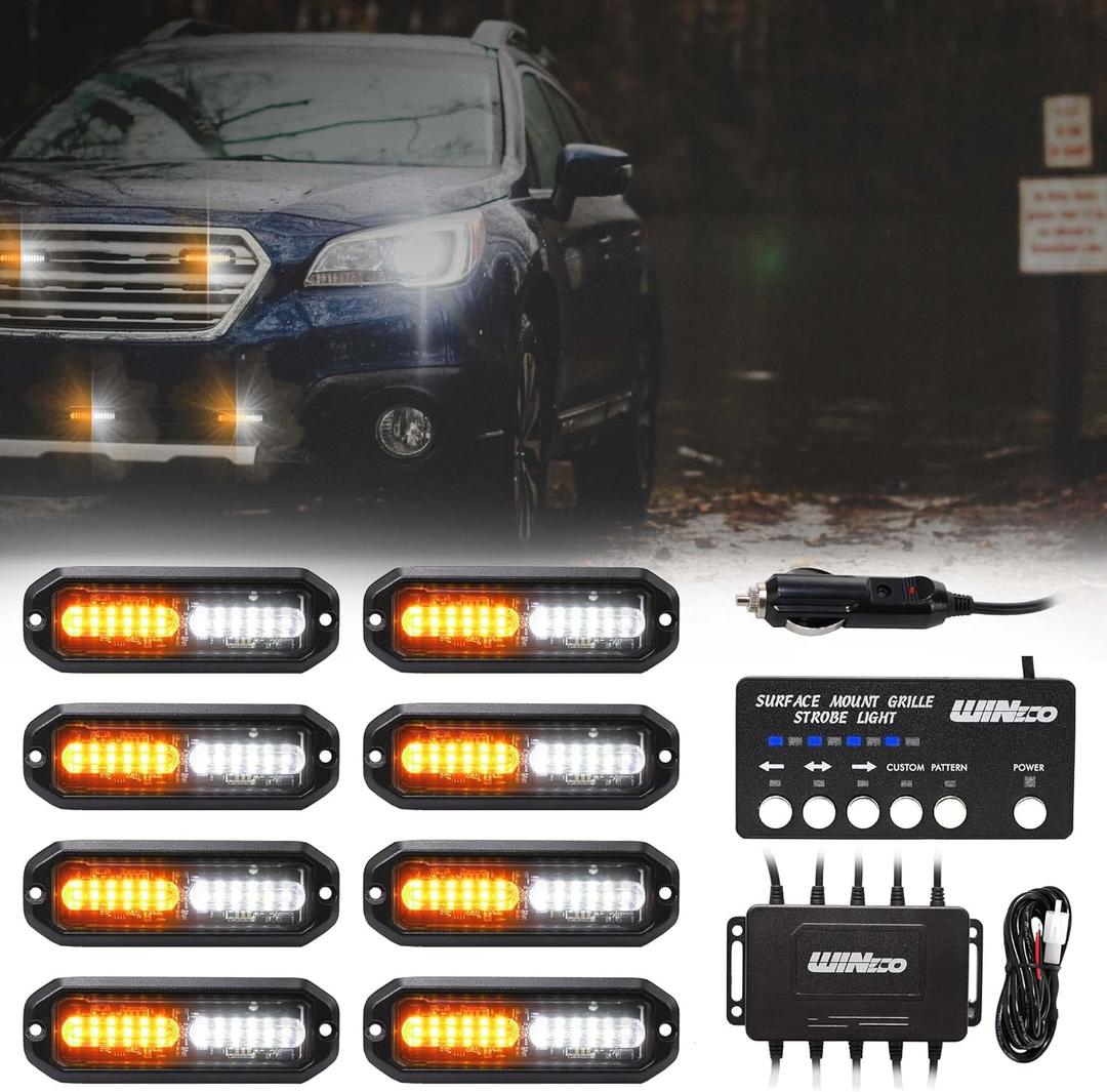 WINECO led strobe lights for trucks, Emergency Strobe Lights Kits for construction Vehicles LED Surface Mount Grill Grille Light Flashing Warning lights With Digital Controller 12 LED Amber White (8 PCS)