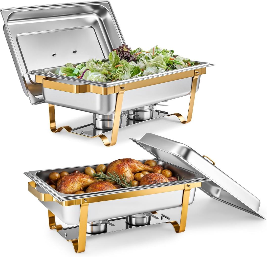 WILPREP Chafing Dishes for Buffet, 2 Pack 9 qt Chafer and Buffet Warmer Set with Full Size Pans & Foldable Frames, Food Grade Stainless Steel Food Warmers for Parties Buffets Banquets, Gold & Silver (9 Quart-square)