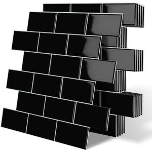 Thick Black Peel and Stick Subway Tile Backsplash Self Adhesive for Kitchen Bathroom Wall (10-Sheet, 12"x12")