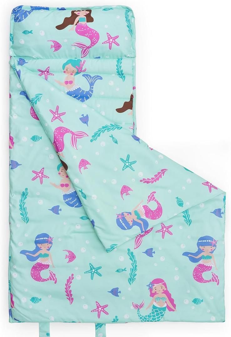 david's kids Toddler Nap Mat Set with Removable Pillow, Ultra Soft Slumber Bags for Boys Girls NeutralPerfect for Preschool, Daycare, Kids Sleeping Bags with Rollup Design, 50"x20", Mermaid