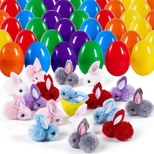 QXCMFNI 42 Pack Prefilled Easter Eggs with Plush Bunnies,Pre Filled Easter Eggs with Stuffed Toys Inside,Easter Basket Stuffers for Kids,Easter Egg Hunt,Classroom Prize