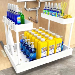 Expandable Under Sink Organizers and Storage, 2 Tier Pull Out Cabinet Organizer with 3 Ball-Bearing Slides, Metal Slide Out Drawers for Kitchen Bathroom, White