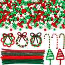 UPINS 1500Pcs Christmas Pony Beads,Red Green and White with Pony Beads 50Pcs Red Green Chenille Stems Pipe Cleaners for Christmas Tree Hanging Wreath Cane Making Party Decoration