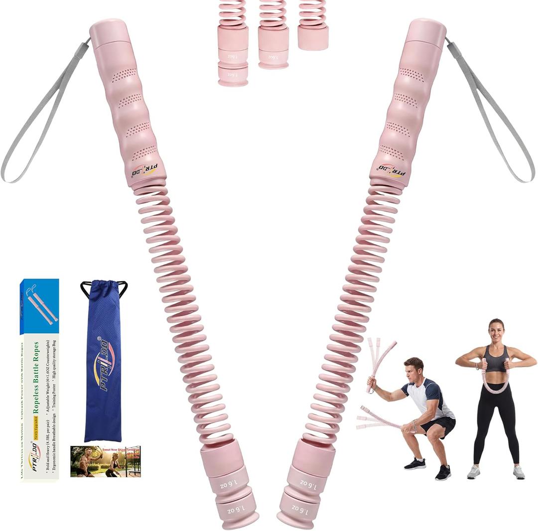 Ptrildo Cordless Battle Ropes for Home Gym & Apartment with Workout Guide, Pink