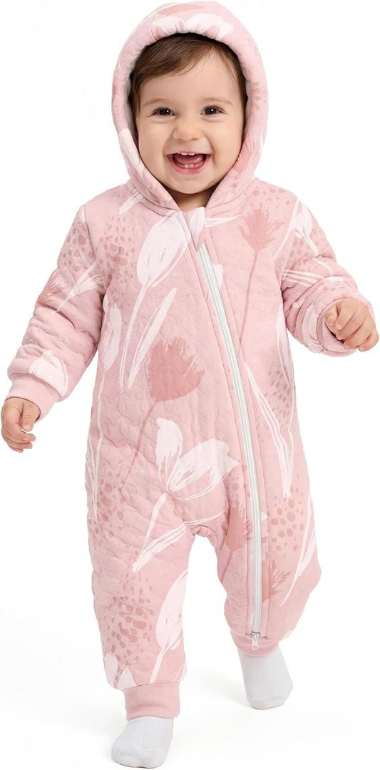 Baby Winter Clothes Cotton Baby Snowsuit for Boys Girls Long Sleeve Onesie Hooded Romper Newborn Jumpsuit Outfits (0-3 Months, Pink Flowers & Leaf)