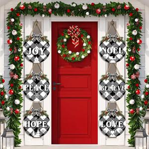 6 Pcs Christmas Hanging Sign Decorations Plaid Wreaths Door Sign Plastic Round Peace Joy Love Decorative Sign with Rope for Xmas Holiday Party Front Door Windows Walls Decor (Black and White)