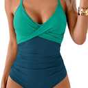 B2prity Women's One Piece Swimsuits Tummy Control Front Cross Bathing Suits Tie Back Slimming V Neck Swimwear (Large, Green Color Block)