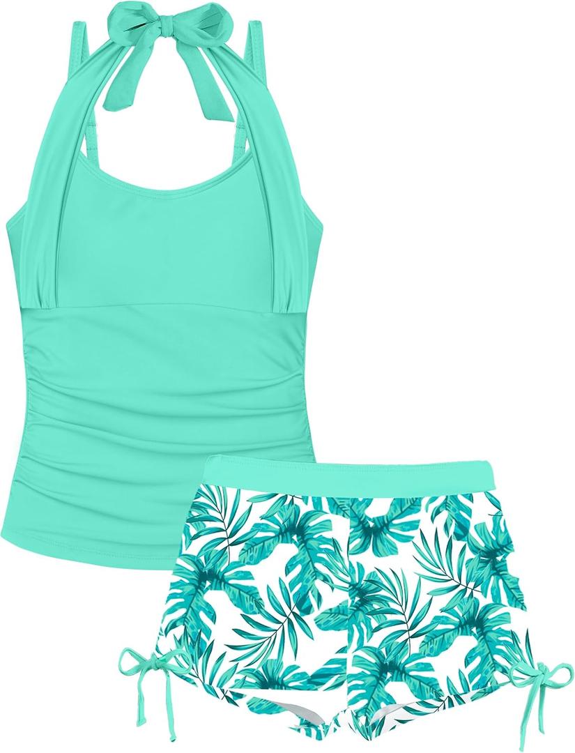 Girls Swimsuit 2 Piece Halterneck Girls Tankini Swimsuit Drawstring Printed Swim Shorts Girl Bathing Suit for 7-16T (13-14 Years, Light Green)