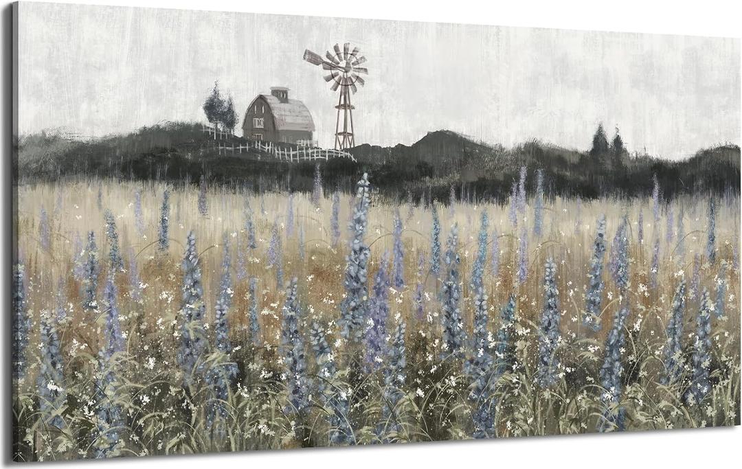 Large Canvas Wall Art for Living Room Rustic Countryside Scenery Vintage Farmhouse Print Painting Nature Wilderness Landscape Wildflower Field Meadow Picture Classical Framed Artwork 30x60inch (Farmhouse Wall Art)