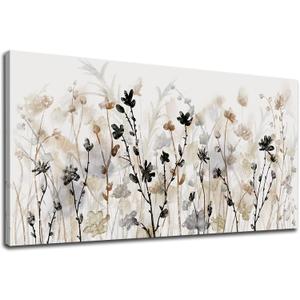 Large Framed Floral Wall Art Flowers Canvas Pictures Grey Cream Brown Abstract Botanical Canvas Painting Artwork Simple Life Wall Decor for Living Room Bedroom Kitchen Home Office Decoration 29"x 58"