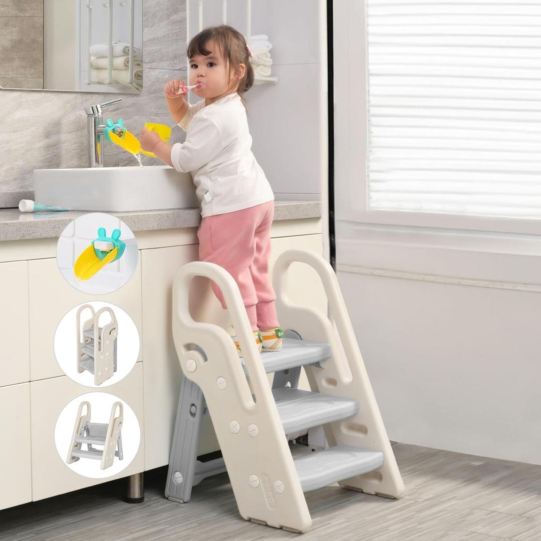 Onasti Foldable Step Stool for Bathroom Sink, Adjustable 3 Step Stool for Kids Toilet Potty Training Stool with Handles, Child Kitchen Counter Stool Helper, Plastic Ladder for Toddlers Grey (Gray)