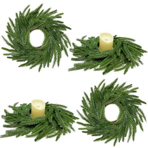 13.5 Inch Norfolk Pine Wreath Candle Rings, 8 Pcs Realistic Soft and Full Mini Christmas Wreath Table Centerpieces Candle Wreaths for Pillar Candles Cedar Small Wreaths for Cabinets Kitchen Windows
