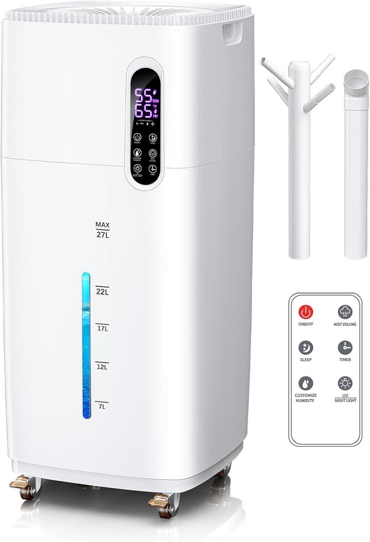 26L/5.7Gal Humidifier Large Room 3000 ft, Supersized Cool Mist, 38H Quiet Humidifiers for Bedroom, 2000mL/h Mist Output, Touch/Remote Control, Humidifiers for Home, Whole House, Plant, White