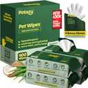 Petazy Dog Wipes for Paws and Butt 400 Count (8x8in) Hypoallergenic, Deodorizing Pet Wipes for Dogs and Cats | Extra Large, Plant-Based, Unscented | Includes 4 Grooming Glove Wipes