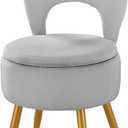 Small Vanity Stool Chair with Storage and Folding Back,4 Metal Legs with Anti-Slip Feet,Round Ottoman with Velvet Seat, Furry Padded Seat for Makeup, Bedroom (Velvet Grey, Standard)