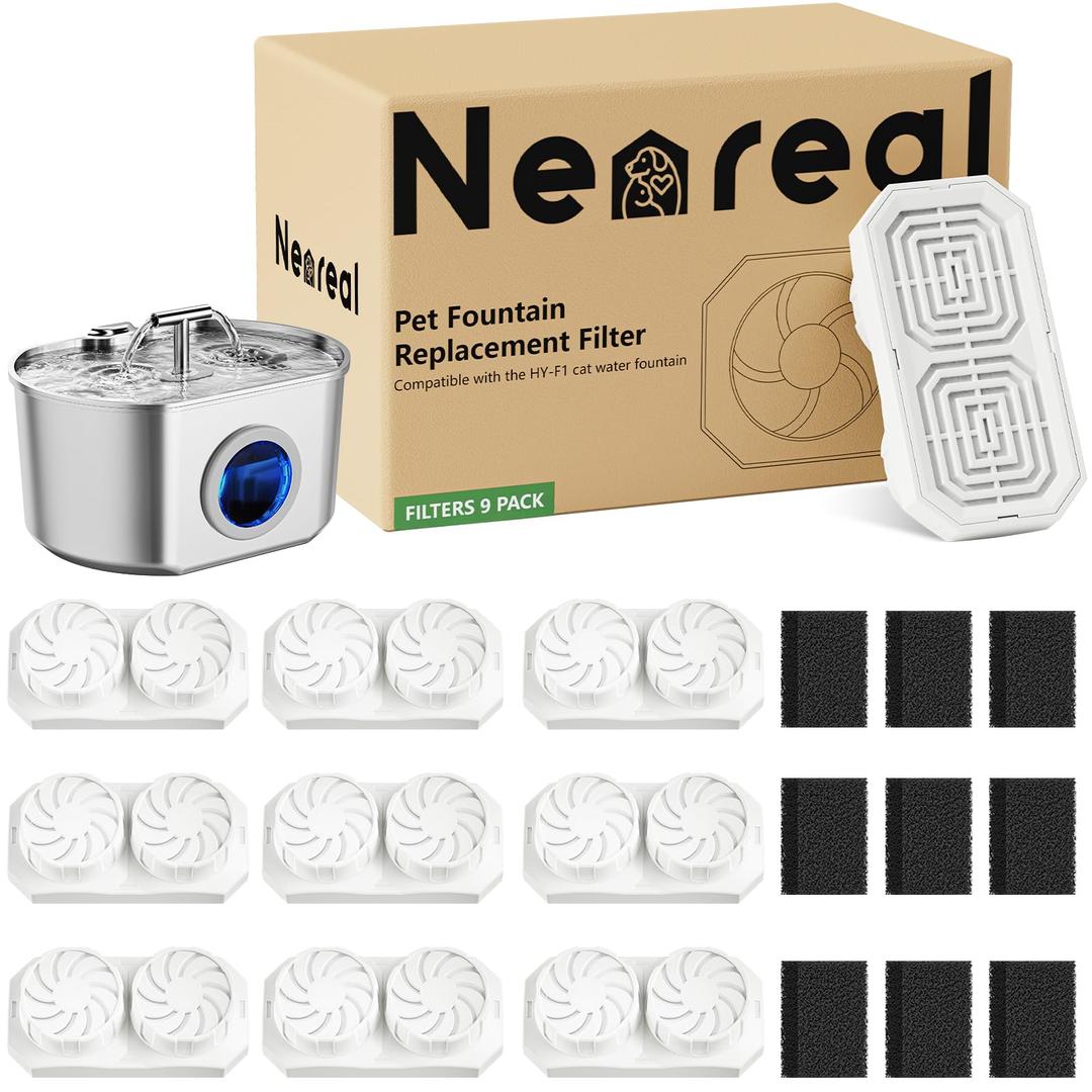 Neareal Official Cat Fountain Replacement Filters & Pre-Filter Sponges for 74oz/2.2L Stainless Steel Pet Water Fountain (6 Pack)