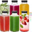 BIGIVACA 12 oz Glass Juice Bottles with Lids,6 PACK Bottles for Juicing,Square Drinking Jars Glass for Coffee,Cola,Milk,Tea in Travel,Work,School