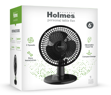 Holmes 6” Personal Table Fan – 2 Speeds, Compact, 15° Head Tilt, Wide-Angle Oscillation, Black