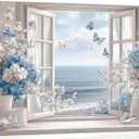 Birnsen Coastal Bathroom Flower Canvas Wall Art Blue Hydrangea Fake Window Painting Picture Wall Decor Sea View Butterfly Aesthetic Poster Print for Living Room Bedroom Bathroom Home Decoration