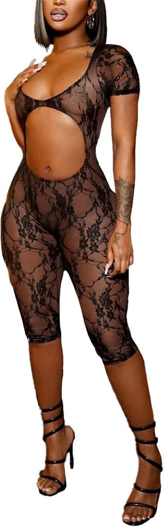 NRTHYE Women Sexy Mesh See Through Lace Jumpsuits Short Sleeve Backless Cut Out Rompers Club Outfits (Small, 00black)