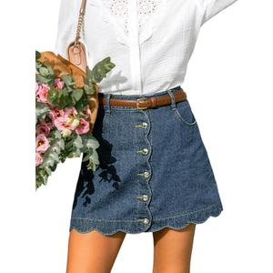 CUPSHE Womens Denim Mini Skirt Button Front A-Line Jean High Waist Scalloped Hem Casual Outfits (Blue, L)