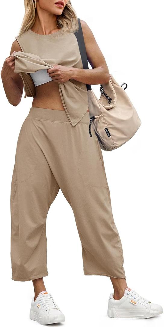 Fisoew Women's Summer 2 Piece Outfits Sleeveless Tank Tops and Wide Leg Pocketed Pants Workout Sweat Sets (S)