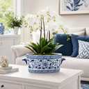 Blue and White Ceramic Planter Pot – Vintage Floral Oval Cachepot Vase for Indoor Plants, Flowers & Succulents – Glazed Porcelain Style Chinoiserie Décor –10.6" Size – No Drainage