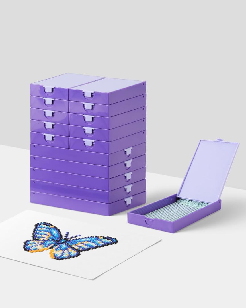 CATEARED 2-in-1 Diamond Art Trays With Lids,Anti-static Diamond Art Storage Containers, Diamond Art Accessories Diamond Painting Trays with Lids & Line-Up, Box Package (Violet, 15 piece Tray Kit)