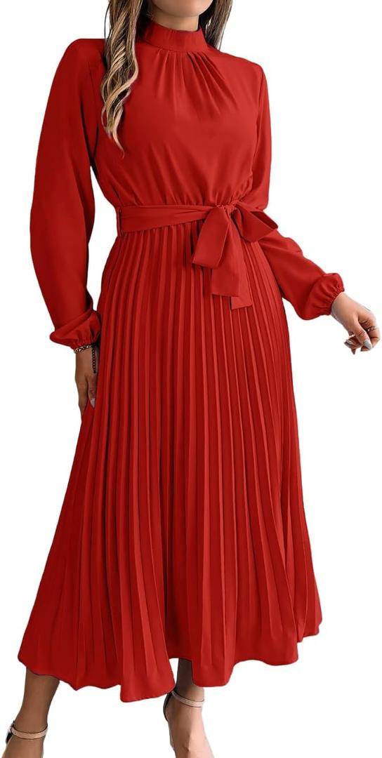 ChiaoLezhee Pleated Maxi Dress, Mock Neck A Line, Fall Holiday, Long Sleeve Modest Business Casual Flowy Dresses for Women (6-8, Red)