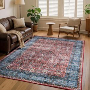 6x9 Vintage Area Rug for Living Room Bedroom, Large Washable Non Slip Indoor Rug, Thin Throw Floral Floor Low Pile Distressed Carpet for Office Nursery Dining Room Red/Blue