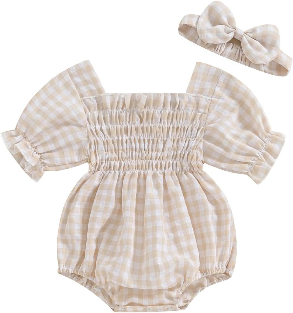 ZAXARRA Infant Baby Girl Plaid Romper Baby Pleated Romper Ruffle Festival Bodysuit Spring Summer Clothes with Headband (12-18 Months, Khaki)