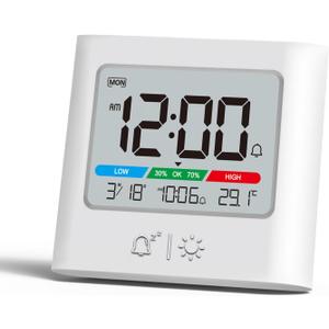 ALANAS Small Battery Operated Alarm Clock, Date Temperature Humidity Display, Compact Travel Digital Clocks, Snooze, Backlight, Wall Mountable, for Student Dorm, Small Spaces, Desk, Shelf (White)