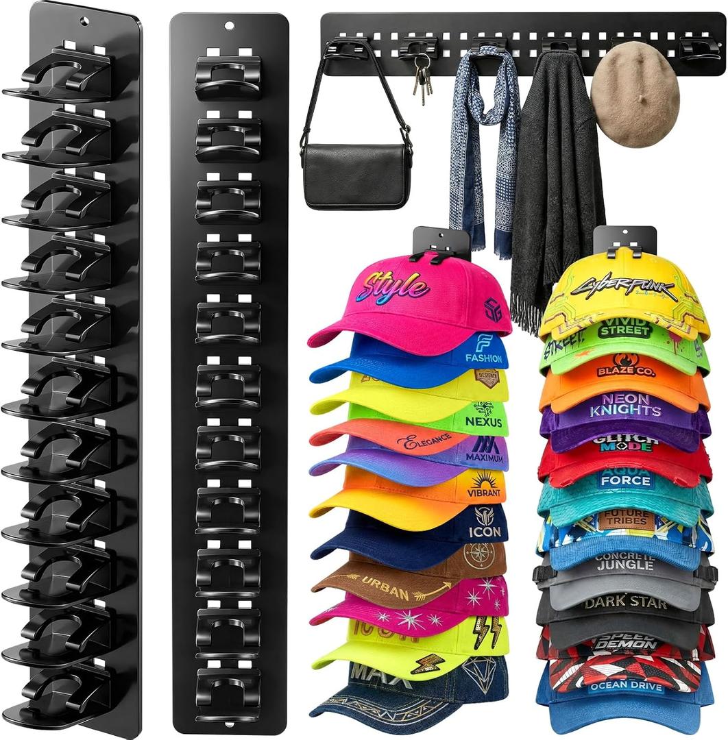 2 x EIMMBD 2 Pack Hat Organizer for Baseball Caps, Detachable DIY Hat Holder Hat Rack Hold up to 22 Hats, Cap Holder Hat Hangers for Wall Closet Door Bedroom(Black)