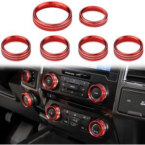 F150 XLT 4WD & Trailer Engine Knob AC VOL Air Conditioner Switch Cover Audio Trim Ring Center Console Knob Compatible for Ford F150 XLT Accessories 2015-2019 6PCS (Red)