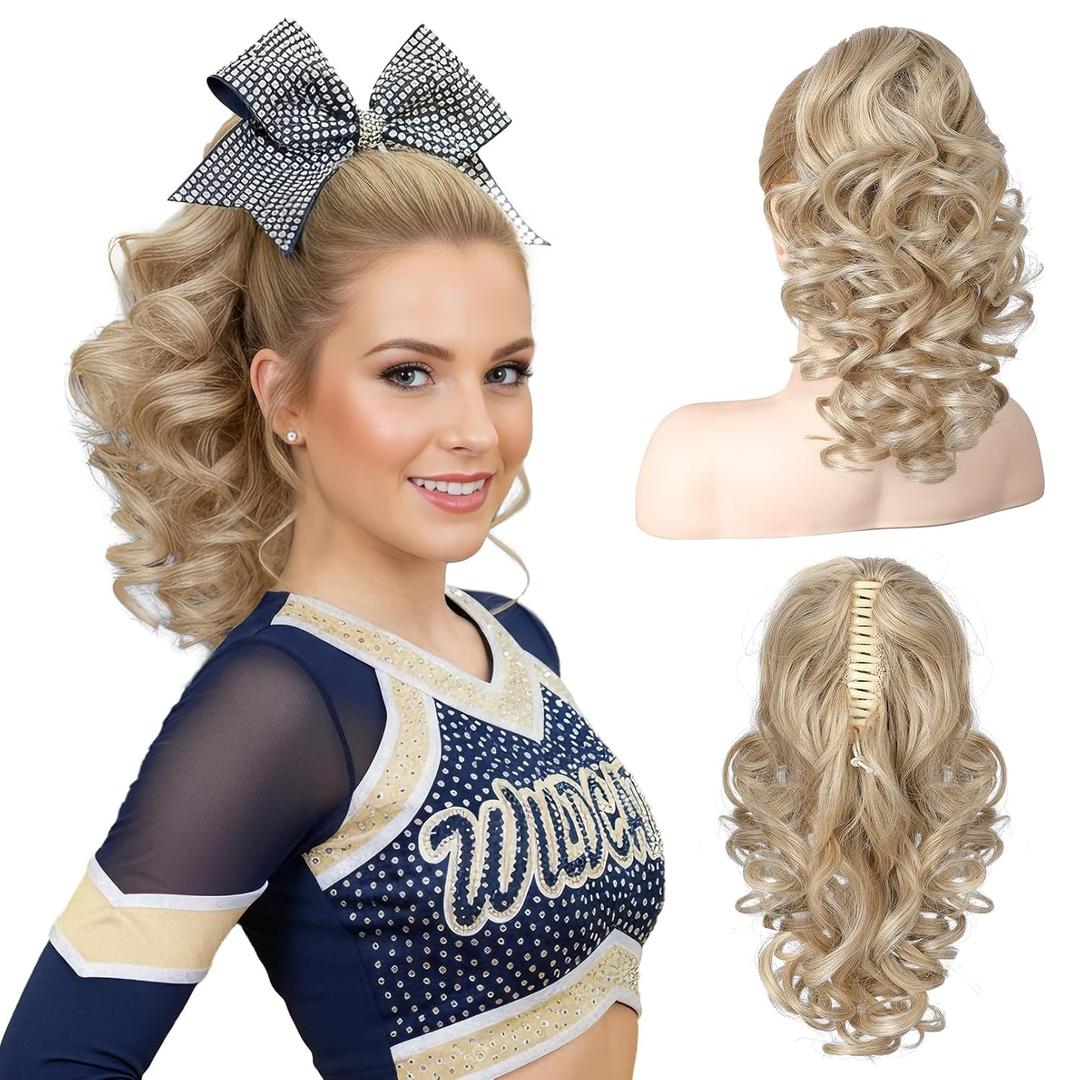 REECHO 12" Ponytail Extension, Classic Loose Curly Wavy Claw Clip Pony tails Hair Extensions Hairpieces for Women - Medium Blonde