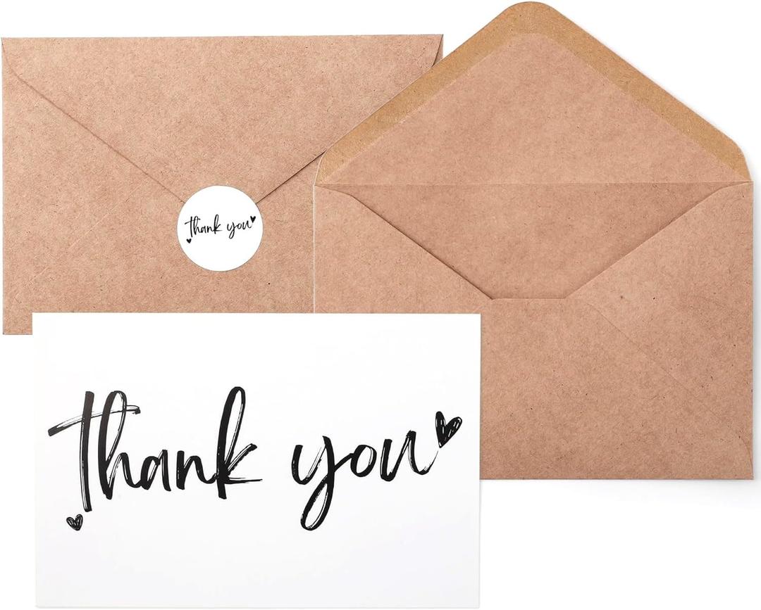 100 Thank You Cards 4x6 Inch, with 100 Kraft Envelopes and 120 Stickers, Minimalistic and Professional Looking for Business Wedding Graduation Baby Shower Bridal Shower