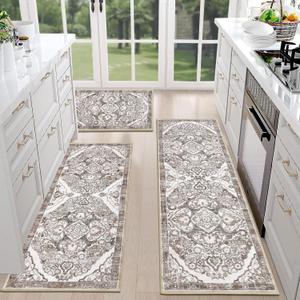 HEBE Farmhouse Kitchen Rugs Sets of 3 Non Slip Washable Boho Kitchen Rugs and Mats for Floor Kitchen Runner Rug Floor Carpet for Kitchen, Laundry, Hallways (20"x32"+20"x48"+20"x59", Brown)