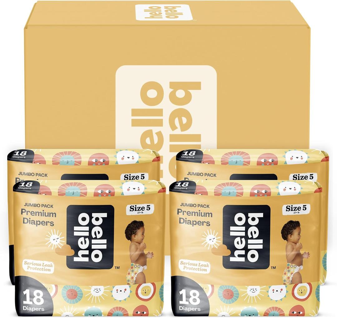 Hello Bello Premium Diapers Size 5, 72 Count Disposable, Extra-Absorbent, and Hypoallergenic Baby Diapers with Snug and Comfort Fit, Sunnyside Up Pattern Value Pack
