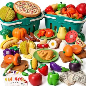 Cutting Play Food Toys, 200 Pieces Pretend Play Kitchen Accessories, Fake Fruits/Vegetables Cards, Play Money, 2 Shopping Storage Baskets, Birthday Gift, Educational Toy for Toddler Children, 200 Pcs